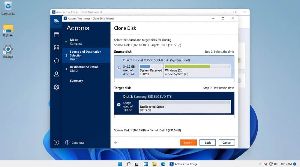 Acronis True Image Clone Disk Wizard on Windows showing source and target drive selection with a 500GB system SSD being cloned to a 1TB drive.