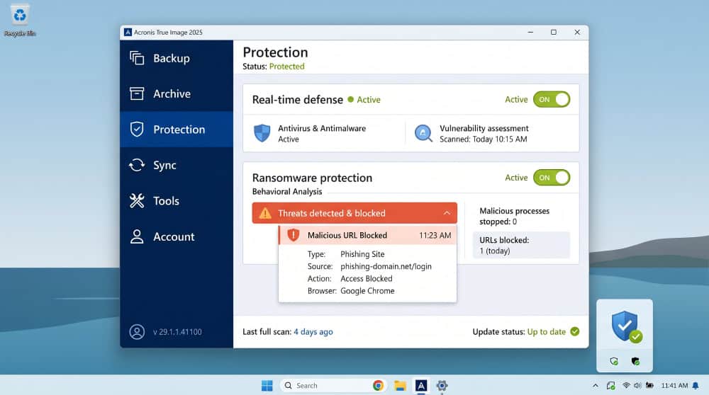 Acronis True Image Protection tab on Windows showing active real-time defense, a blocked malicious URL warning, and the ransomware protection toggle enabled.