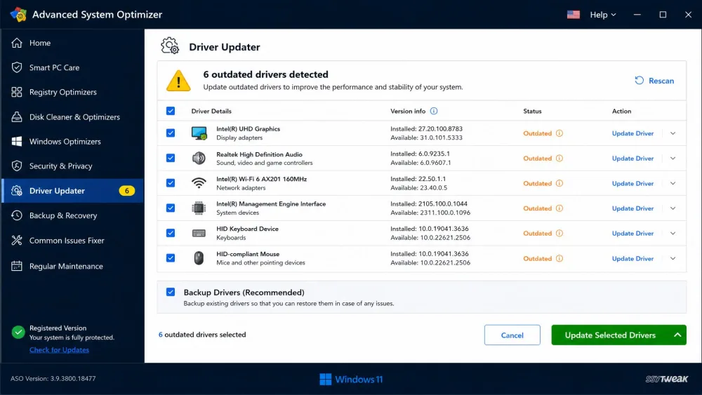 The Advanced System Optimizer Driver Updater results list showing outdated drivers detected on a Windows 11 laptop, with a Backup Drivers option checked before updating.