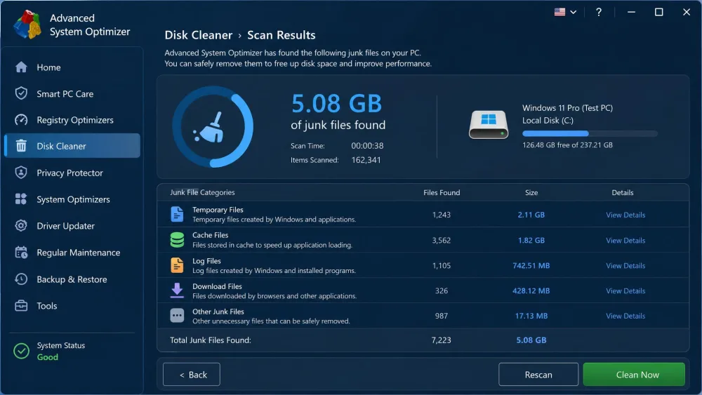 Advanced System Optimizer's Disk Cleaner results screen showing about 5 GB of junk files found on a Windows 11 test PC, with categories for temporary files, cache, and logs.