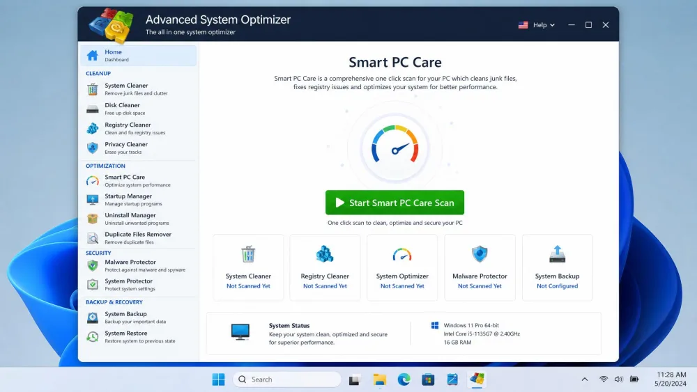 The Advanced System Optimizer main dashboard on Windows 11 showing the Smart PC Care one-click scan button and the sidebar list of cleanup, optimization, security, and backup modules.