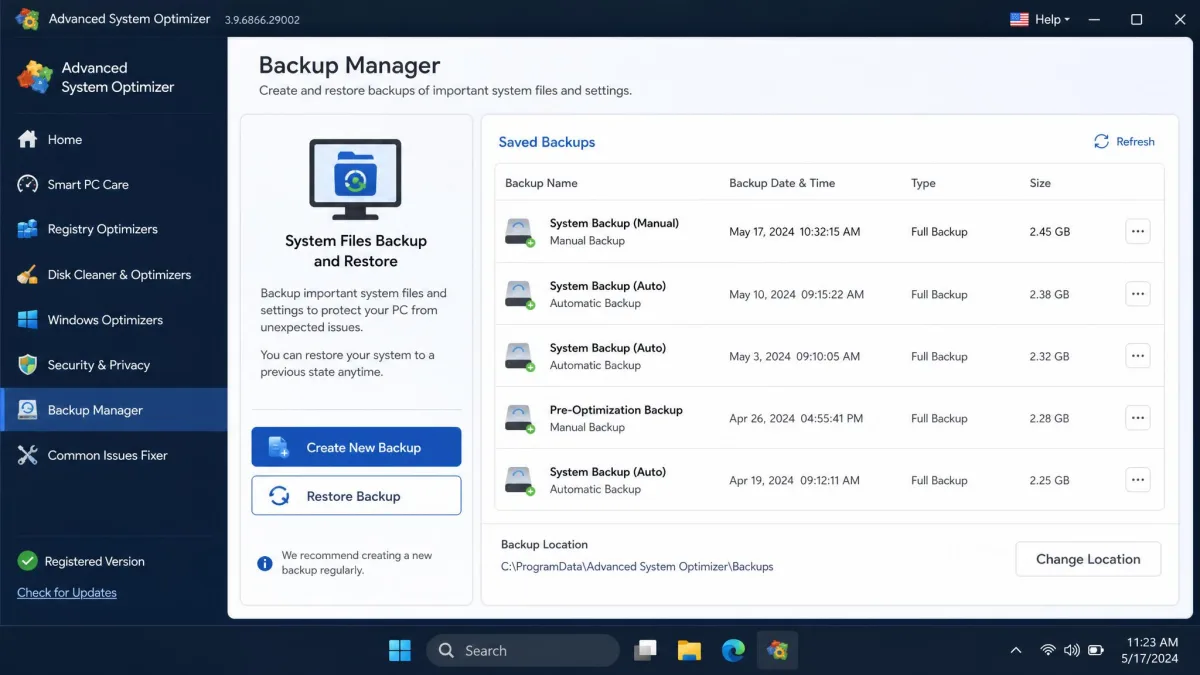 Advanced System Optimizer's Backup Manager module on Windows 11 showing System Files Backup and Restore and a list of saved backups.