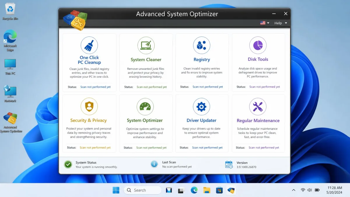 Advanced System Optimizer's main window on a Windows 11 desktop, with the dashboard grouped into eight clean menus including One Click PC Cleanup, System Cleaner, Registry, and Disk Tools.