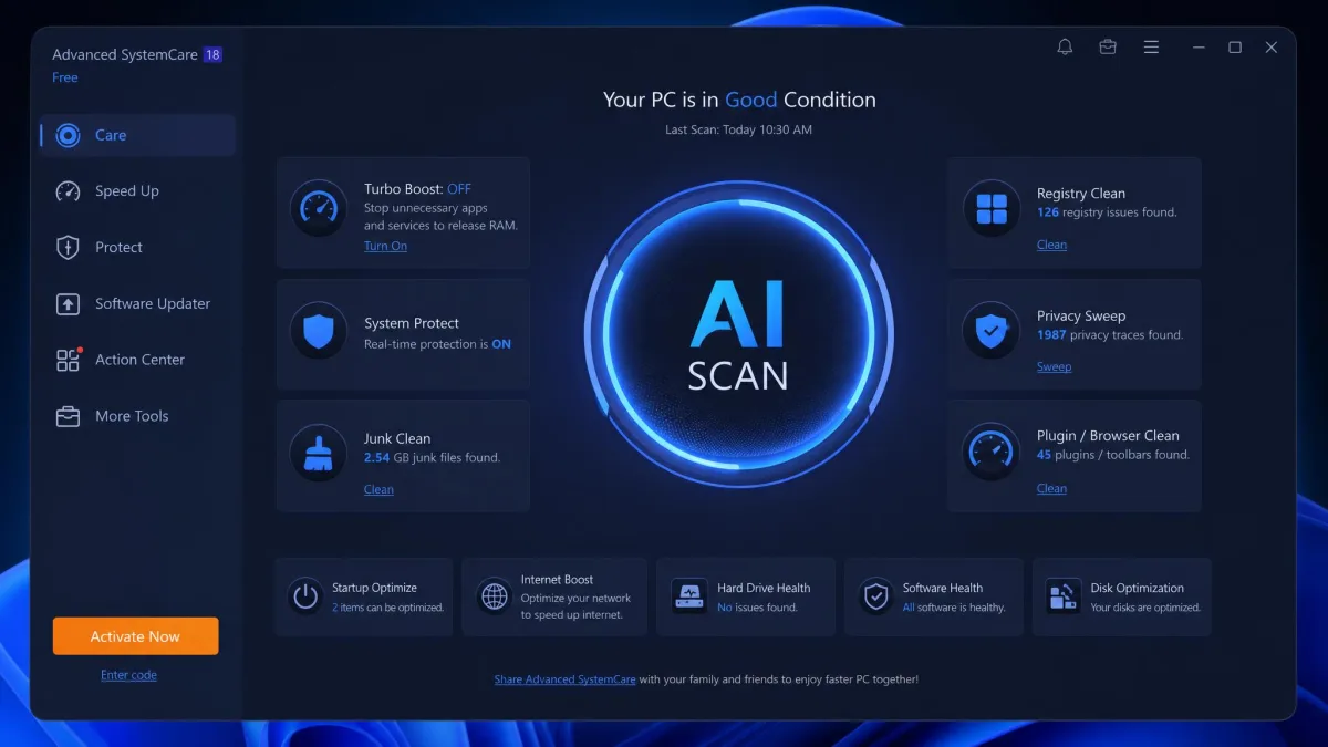 Advanced SystemCare's one-click dashboard on Windows 11 with a large AI scan button front and center and module tiles around it.