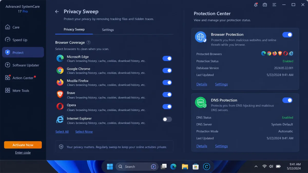 Advanced SystemCare's privacy sweep settings on Windows 11 with browser coverage toggles and the protection center showing browser and DNS protection.
