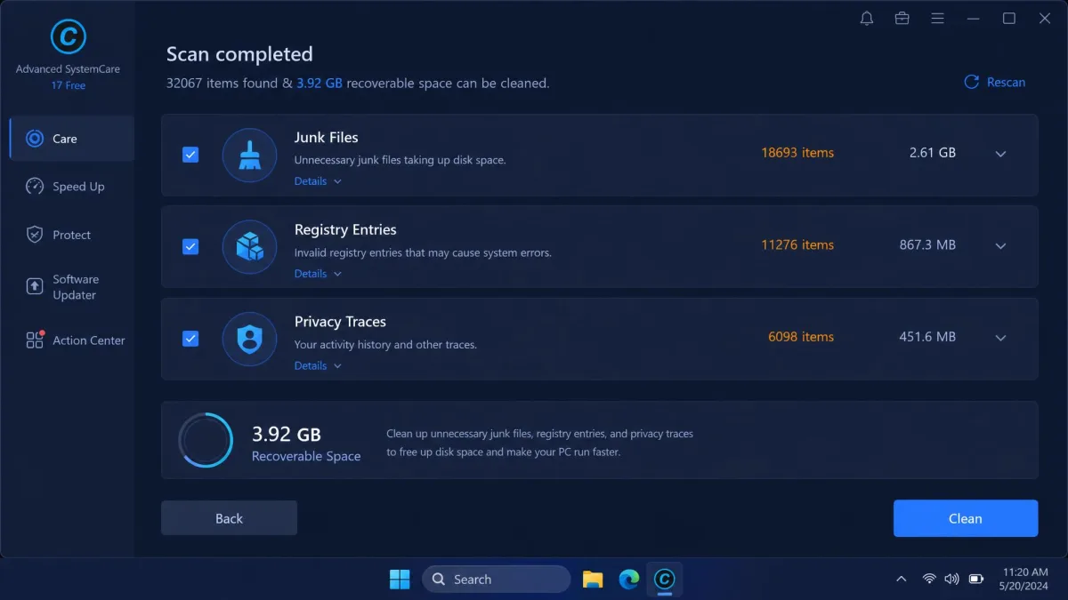 Advanced SystemCare's scan results screen on Windows 11 listing junk files, registry entries, and privacy traces with the recoverable space figure.
