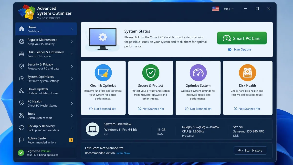 Advanced System Optimizer's main dashboard on Windows 11, showing the Smart PC Care button at the top and the utility categories such as Regular Maintenance, Disk Cleaner and Optimizers listed down the left sidebar.