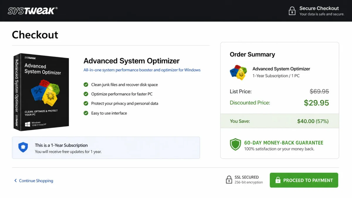 The Systweak checkout page for Advanced System Optimizer showing the $69.95 list price struck through beside a discounted one-year price, with the 60-day money-back guarantee badge below.