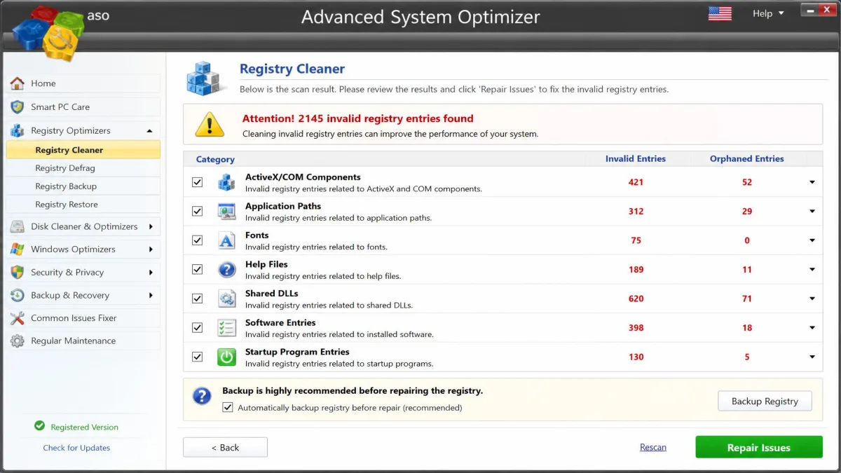 Advanced System Optimizer's Registry Cleaner results screen listing invalid and orphaned registry entries grouped by category, with a backup prompt shown before the repair button.