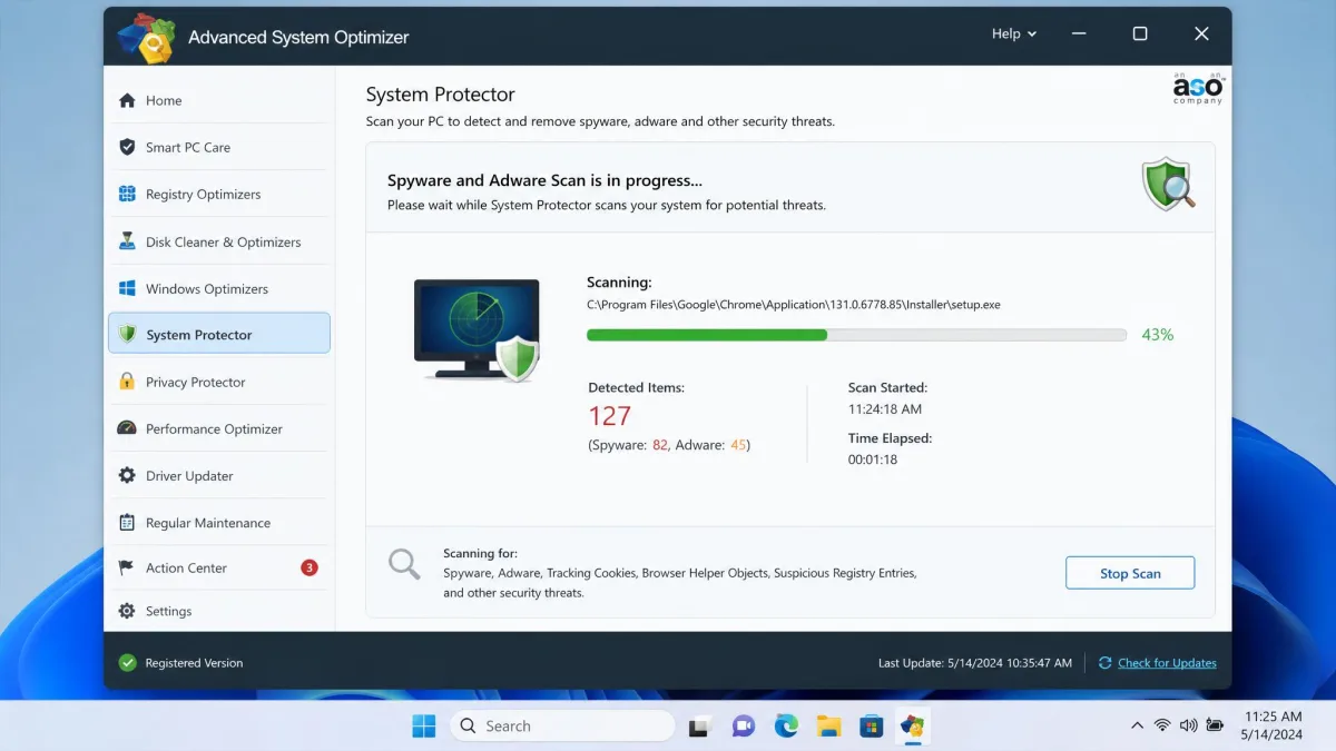 Advanced System Optimizer's System Protector module mid-scan on Windows 11, showing the spyware and adware scan progress bar with a running count of detected items.