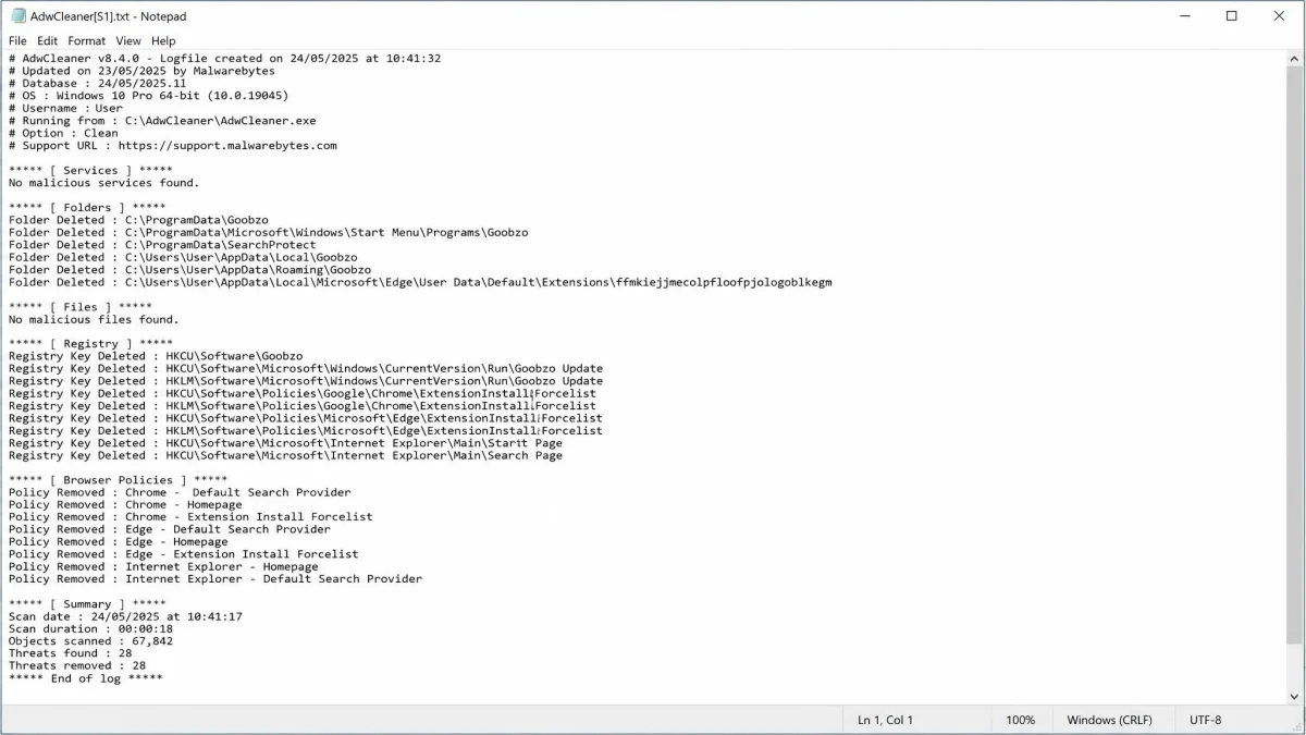 AdwCleaner's plain-text cleanup log open in Notepad after a run, listing removed registry keys, folders and browser policies with a timestamped summary at the top.