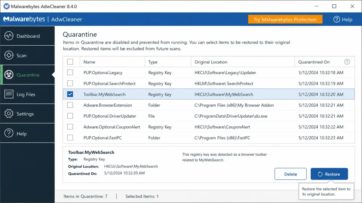 AdwCleaner's Quarantine tab listing previously removed items with checkboxes and a Restore button, showing how a wrongly deleted entry can be brought back.