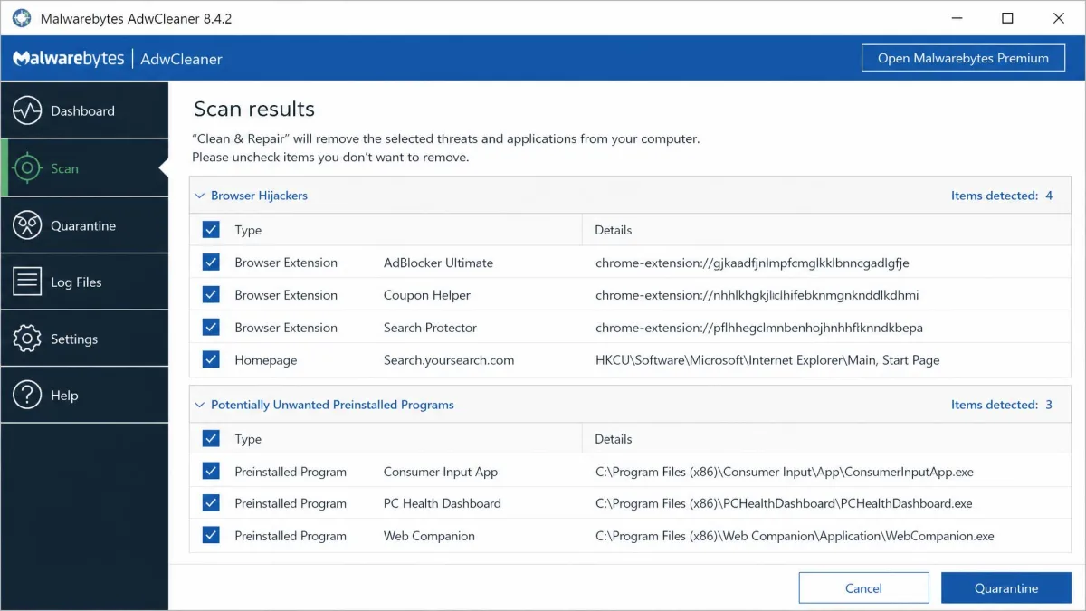 AdwCleaner's scan results screen listing detected browser hijacker entries and preinstalled programs with tickboxes beside each, and the Quarantine button at the bottom right.