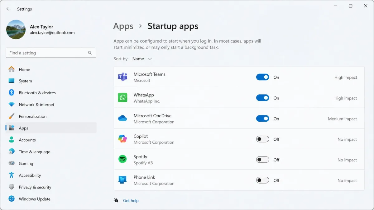 The Windows 11 Settings app open on the Startup apps page, showing a list of installed programs with toggle switches and a High impact label beside two of them.