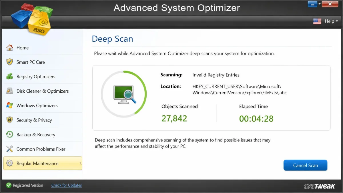 Advanced System Optimizer's deep scan progress screen showing the object count and elapsed scan time.