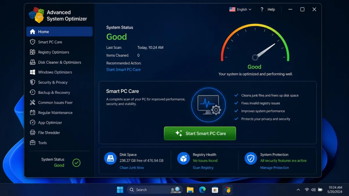 Advanced System Optimizer's dashboard on Windows 11 with the Smart PC Care cleanup button and the module list in the left sidebar.
