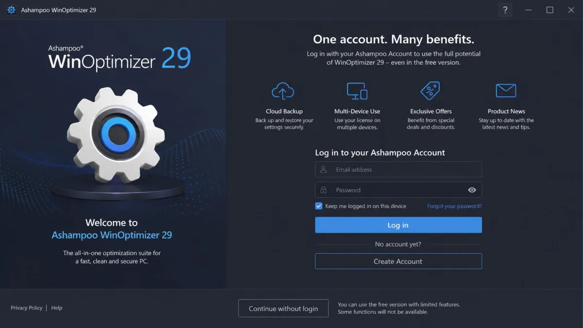 Ashampoo WinOptimizer 29's welcome screen asking for an Ashampoo Account login before the free version runs.
