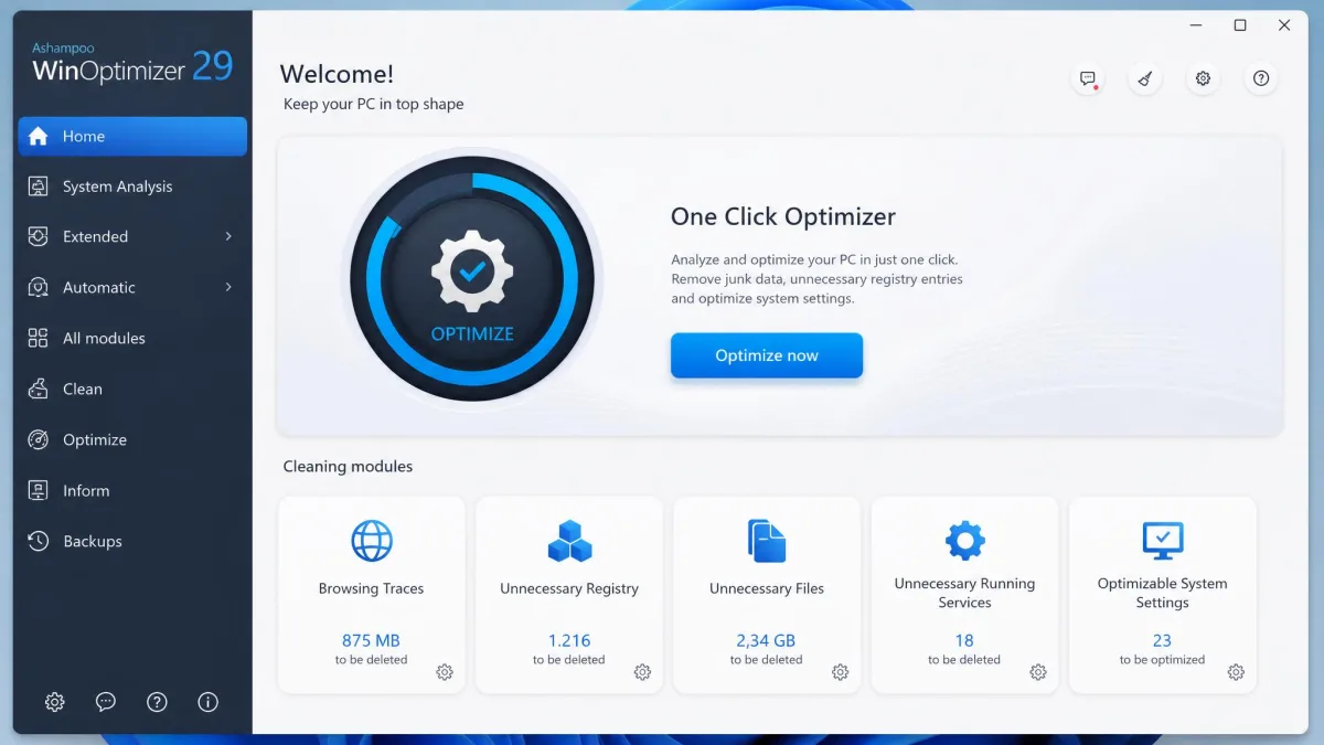 Ashampoo WinOptimizer 29's start page on Windows 11 with the One Click Optimizer tile and the cleaning module tiles below it.