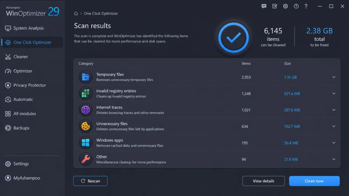 WinOptimizer 29's scan results screen showing cleanup totals by category after a One Click Optimizer run.