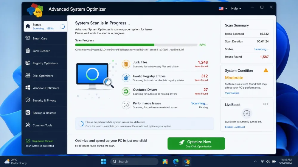 The Advanced System Optimizer main dashboard mid-scan on Windows 11, showing junk files, invalid registry entries, and outdated drivers found, with a large one-click Optimize button.