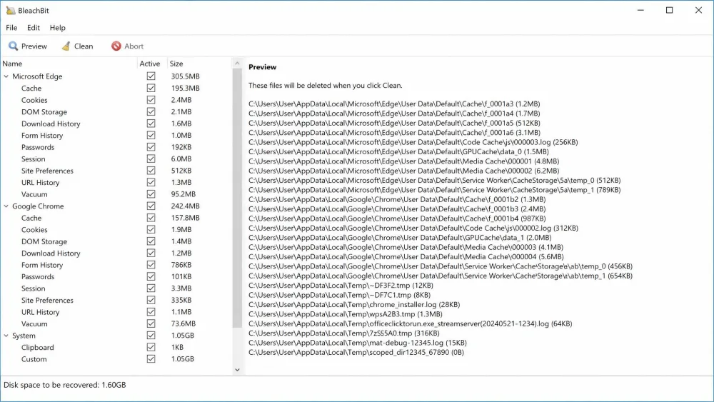 The BleachBit main window on Windows showing the Preview results list with exact file paths for browser cache and temp files queued for deletion, before the Clean button is pressed.