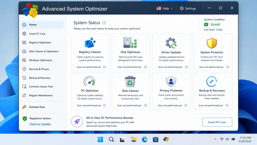 The Advanced System Optimizer main dashboard on Windows 11 showing its grid of modules including Registry Cleaner, Disk Optimizer, Driver Updater, and System Protector.