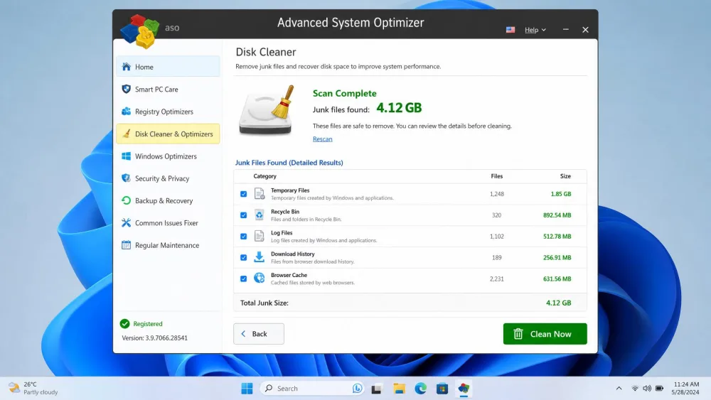 Advanced System Optimizer disk cleanup results on Windows 11 showing over 4GB of junk files identified for removal with a Clean Now button.