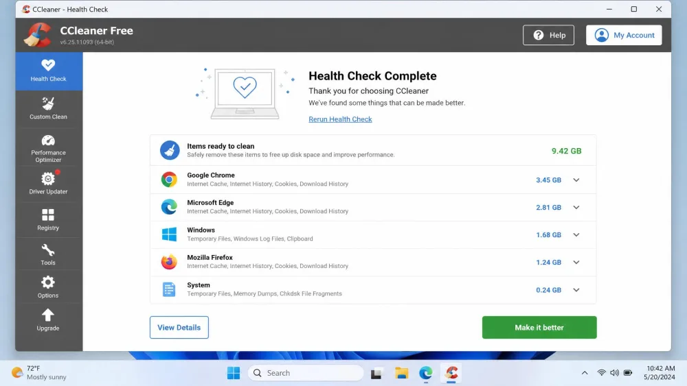 The CCleaner Health Check results screen on Windows 11 listing gigabytes of browser cache and temp files ready to clean, with the green Make it better button visible.