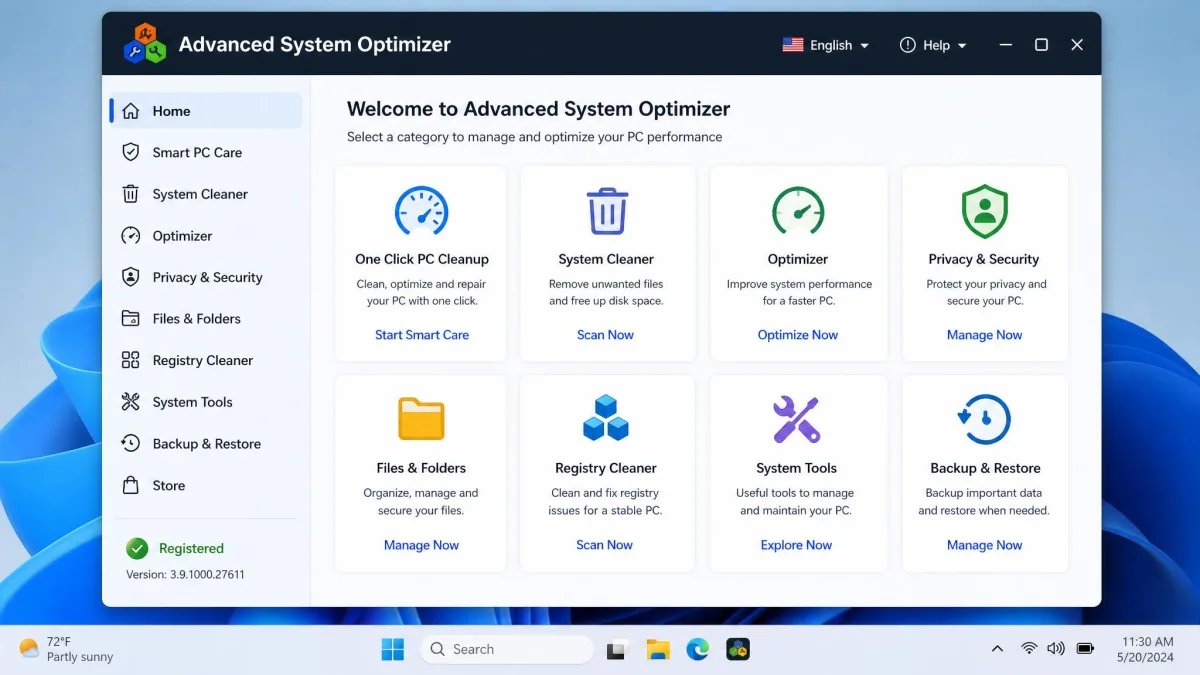 The Advanced System Optimizer dashboard on Windows 11 showing the main tool categories, with One Click PC Cleanup and System Cleaner in the top row.