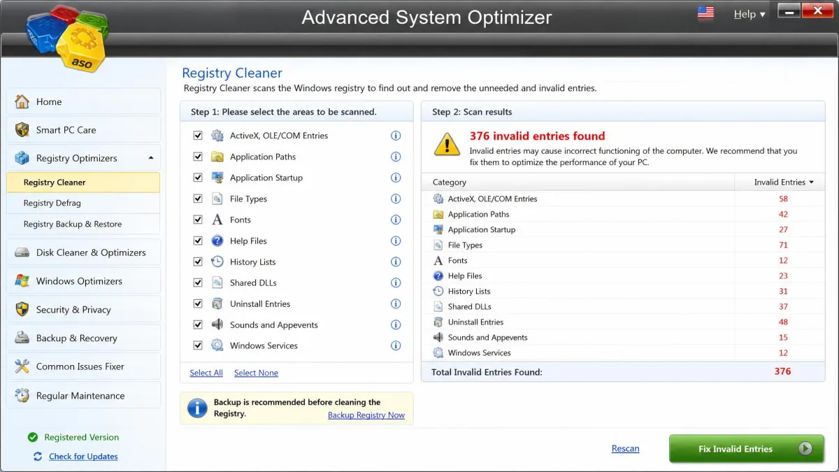 The Advanced System Optimizer registry cleaner screen with scan options, a backup reminder, and a list of invalid entries found on the test PC.