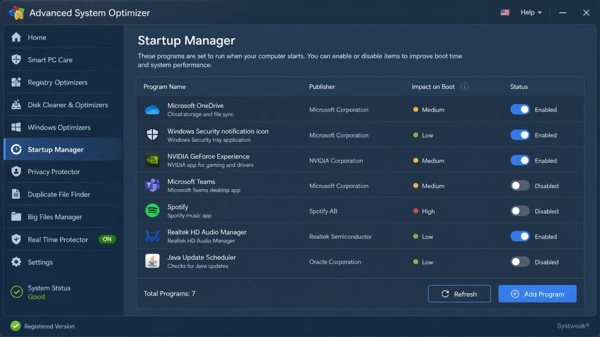 The startup manager in Advanced System Optimizer listing programs that launch at boot, with enable and disable toggles for each entry.