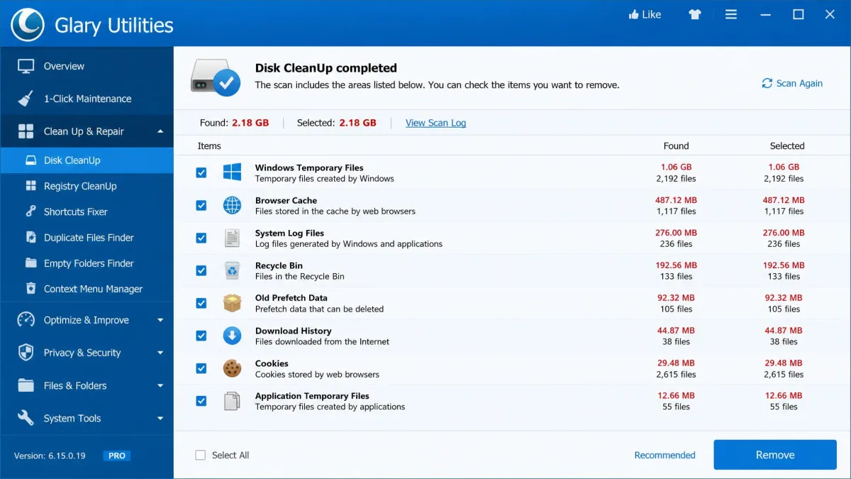 Glary Utilities disk cleanup results screen showing scanned junk categories with checkboxes and a Remove button at the bottom.