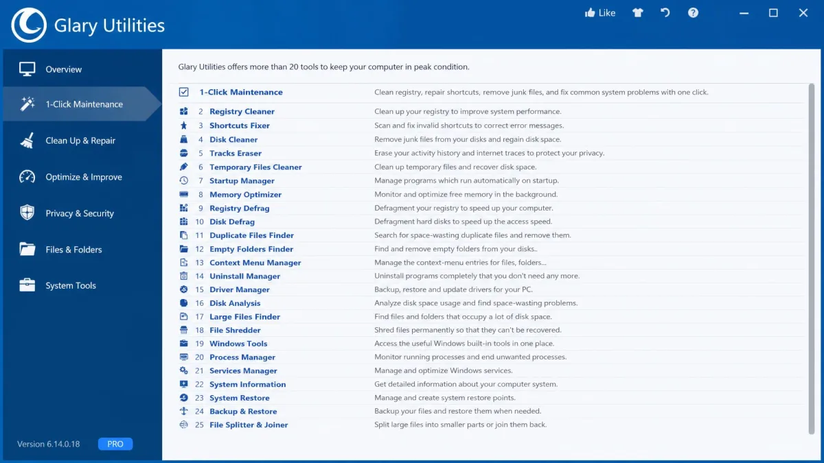 The Glary Utilities main window listing more than 20 tools in a vertical list, with 1-Click Maintenance at the top.