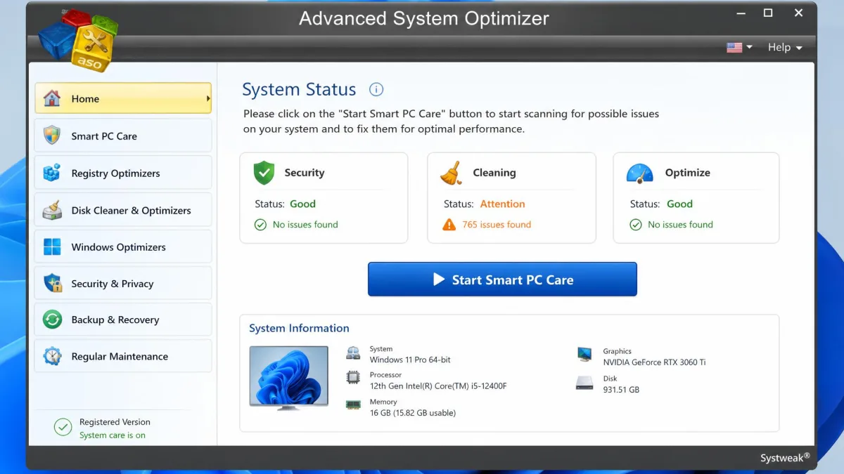 Advanced System Optimizer's main window on Windows 11 with its eight tool menus listed on the left.