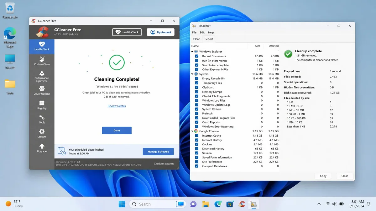 A Windows 11 desktop with both cleaners open after a scheduled cleanup run.