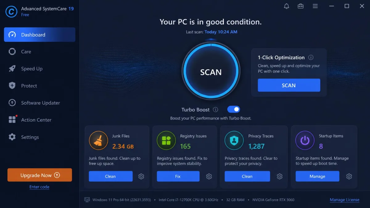 Advanced SystemCare 19's dashboard with the 1-Click Optimization panel, a Turbo Boost toggle, and status cards for junk files, registry issues, privacy traces, and startup items.