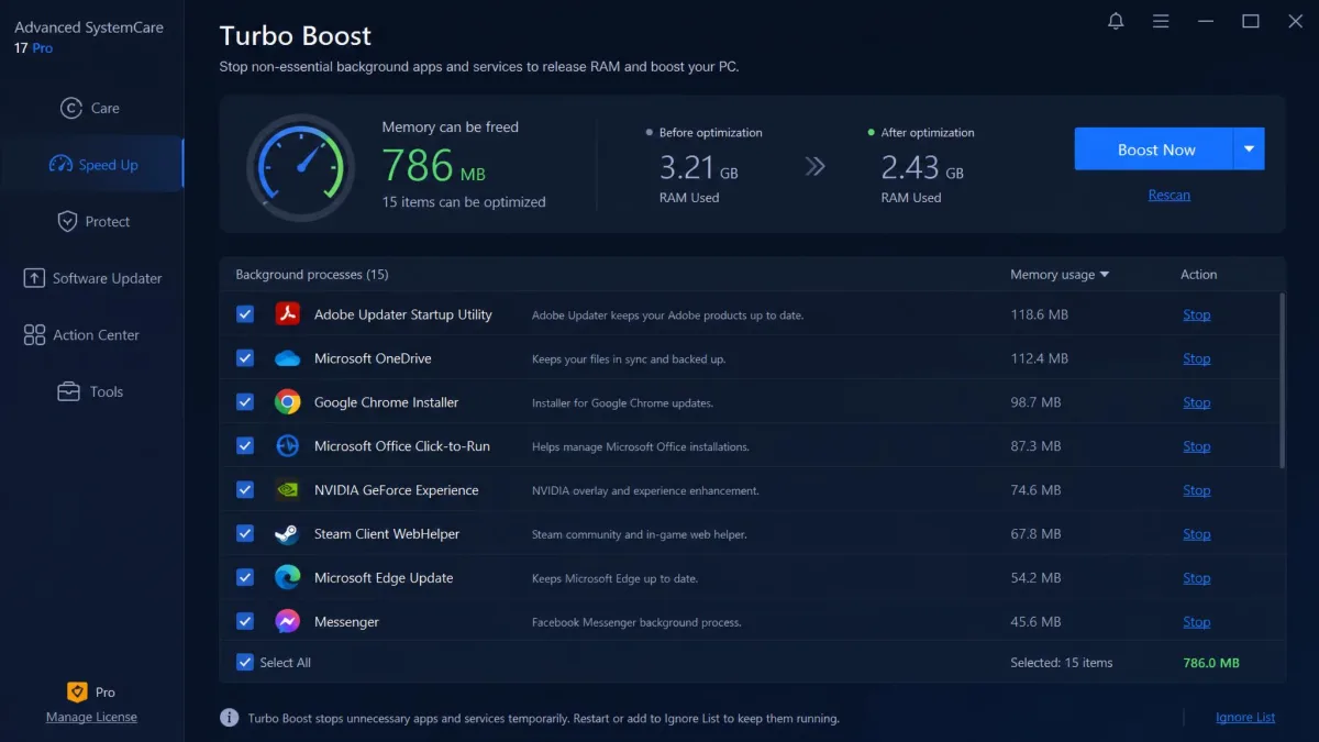 Advanced SystemCare's Turbo Boost panel listing background processes that can be stopped to free memory on a slow PC.