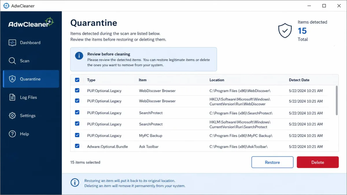 AdwCleaner's quarantine screen showing detected items with Restore and Delete options, highlighting the review step before cleaning.