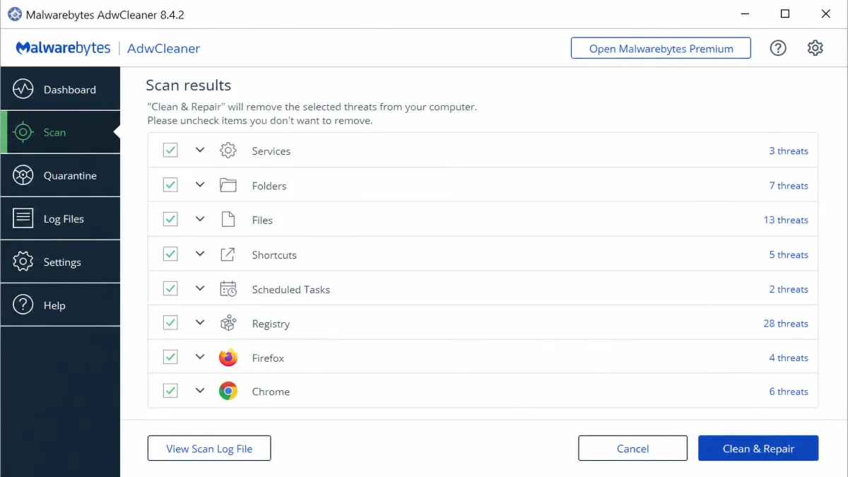 AdwCleaner's scan results grouped by category (Services, Folders, Files, Shortcuts, Scheduled Tasks, Registry, Firefox, Chrome) with checkboxes and a Clean button.
