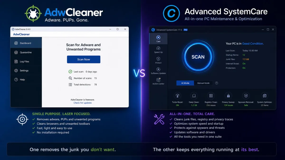 AdwCleaner and Advanced SystemCare side by side, the single-purpose adware remover next to the all-in-one maintenance suite.