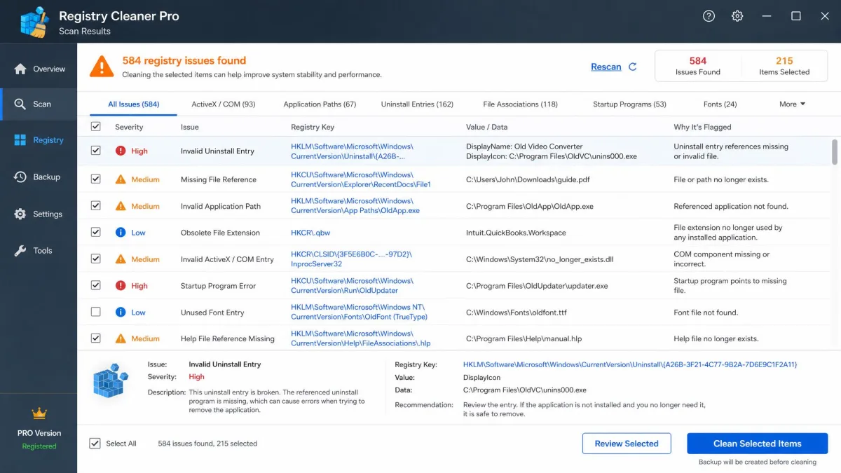 A registry cleaner's detection list showing flagged registry entries with checkboxes, illustrating why every item deserves a review before cleaning.