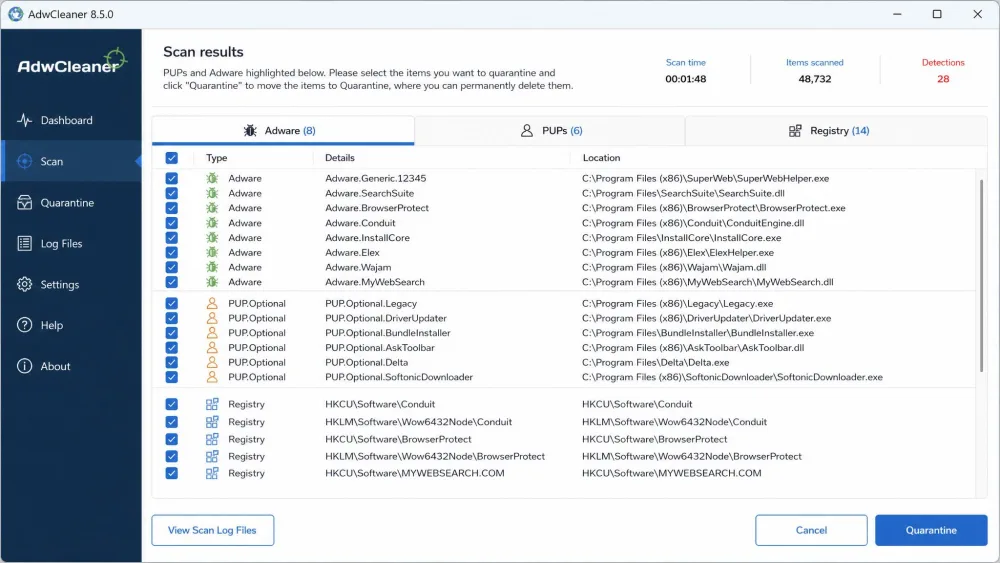 The AdwCleaner results screen after a scan on Windows 11, listing detected adware, browser PUPs, and registry entries with checkboxes ready for the Quarantine button.