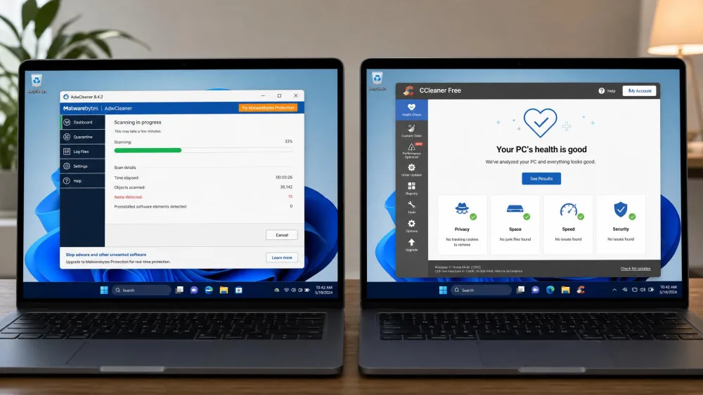 The AdwCleaner scan screen on the left and the CCleaner Health Check screen on the right, shown side by side on two Windows 11 laptops to contrast an adware remover with a junk cleaner.