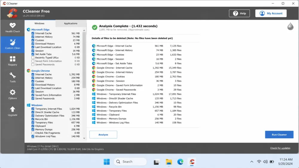 The CCleaner Custom Clean screen on Windows 11 showing the analysis results with browser cache, temporary files, and system junk totalling several gigabytes ready to remove.