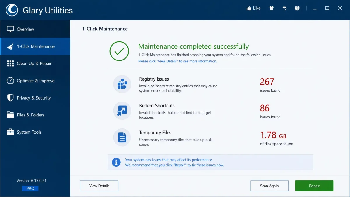 Glary Utilities' 1-Click Maintenance results showing 267 registry issues, 86 broken shortcuts and 1.78 GB of temporary files found in one pass.