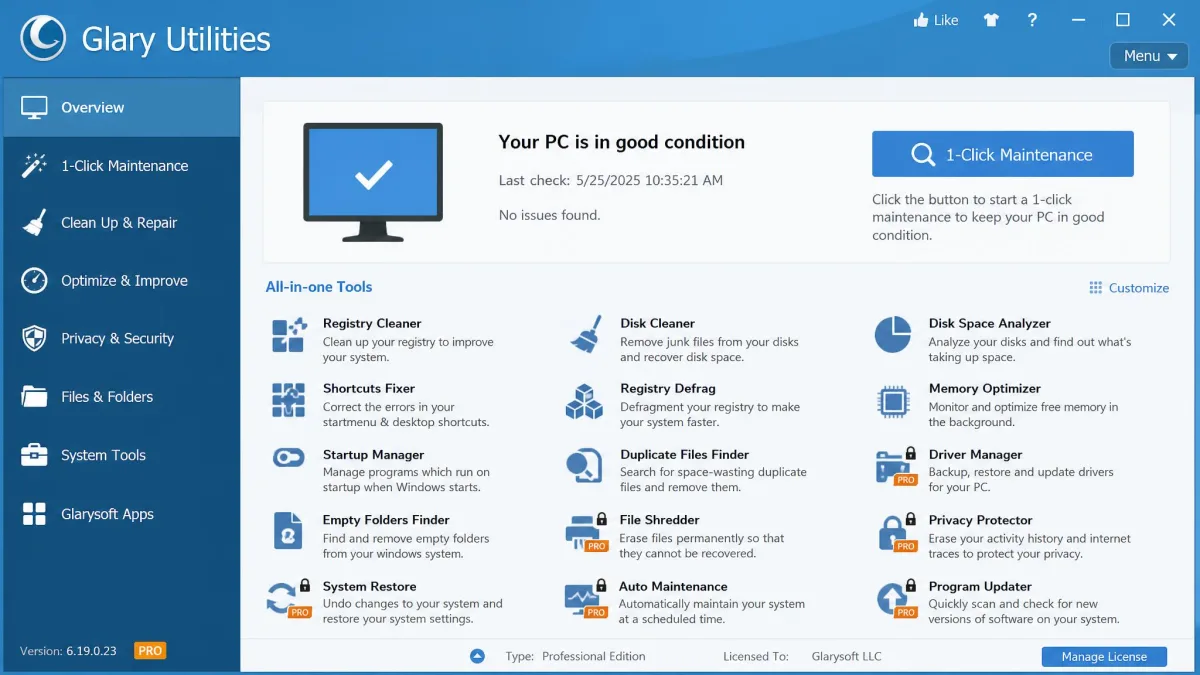 Glary Utilities' Overview screen with the 1-Click Maintenance button at the top, the tool list below, and orange PRO badges on locked Pro tools.