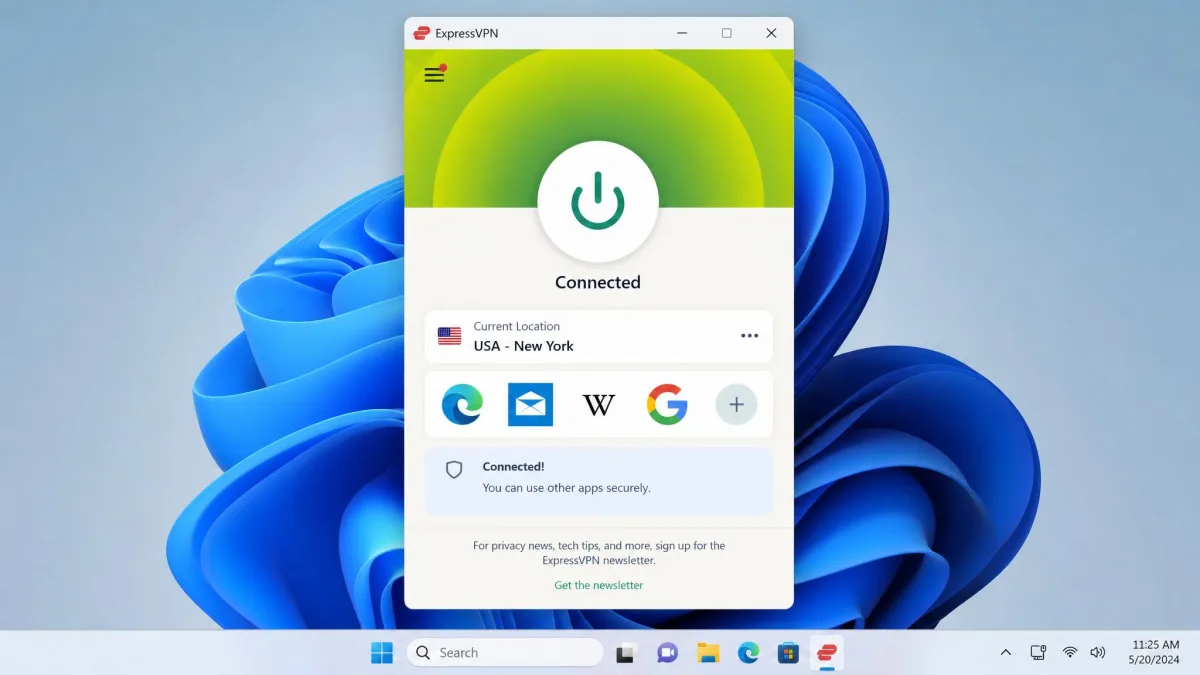 ExpressVPN desktop app on Windows showing the large one-click connect button in its connected state with the smart location selected.