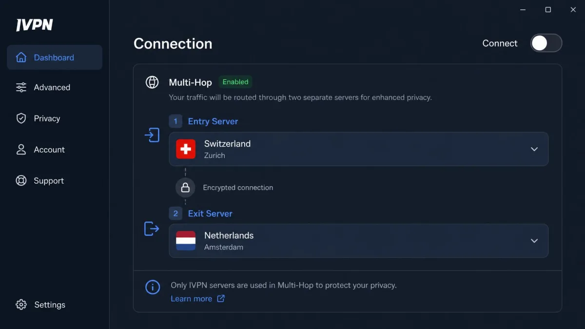 IVPN desktop app with multi-hop enabled, showing entry and exit servers selected and the separate connect toggle still switched off.