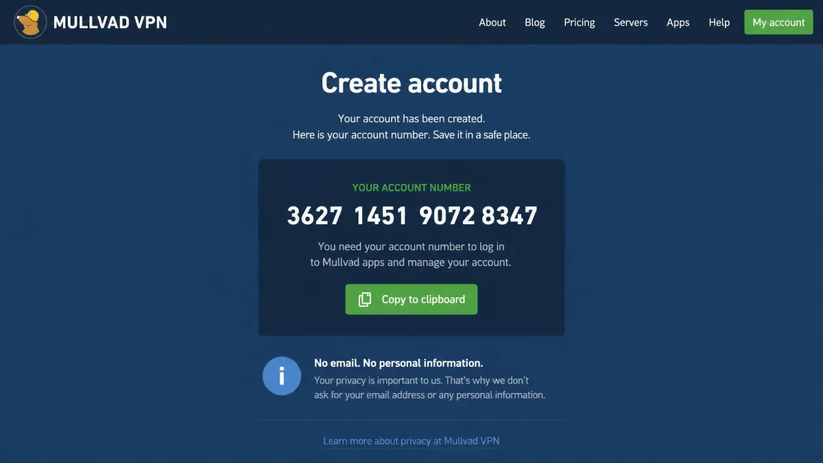 Mullvad VPN sign-up page showing a freshly generated account number with no email or name field anywhere on the screen.