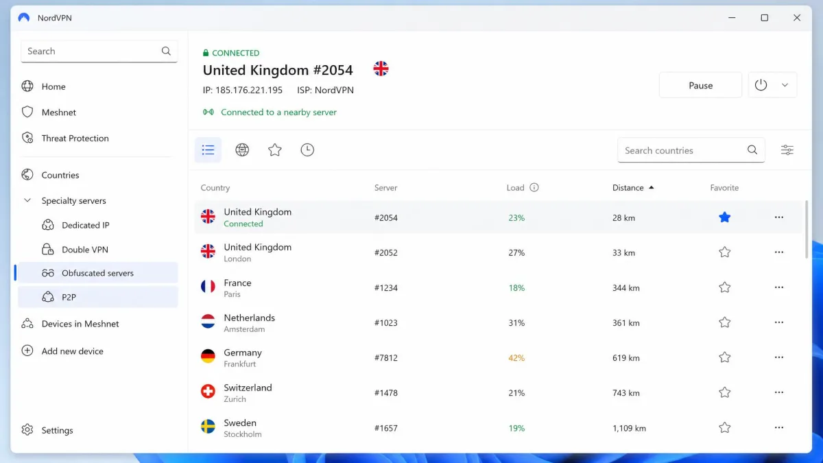NordVPN Windows app in list view with a nearby server connected and the obfuscated and P2P server categories visible in the sidebar.